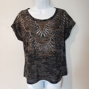 Maurices Premium Medium Black Short Sleeve Shirt Burnout Embellished Front Gems